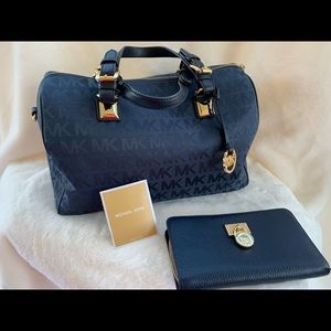Michael Kors navy blue tapestry doctor bag and navy leather wallet